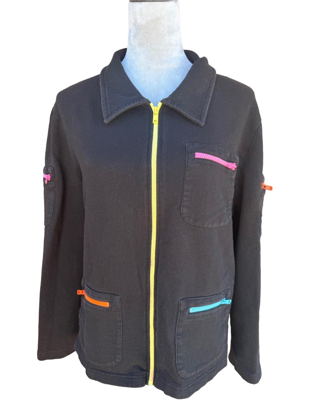VTG 90s Women’s Norm Thompson Track Suit Black Neon Zip Jacket L Pants Set M